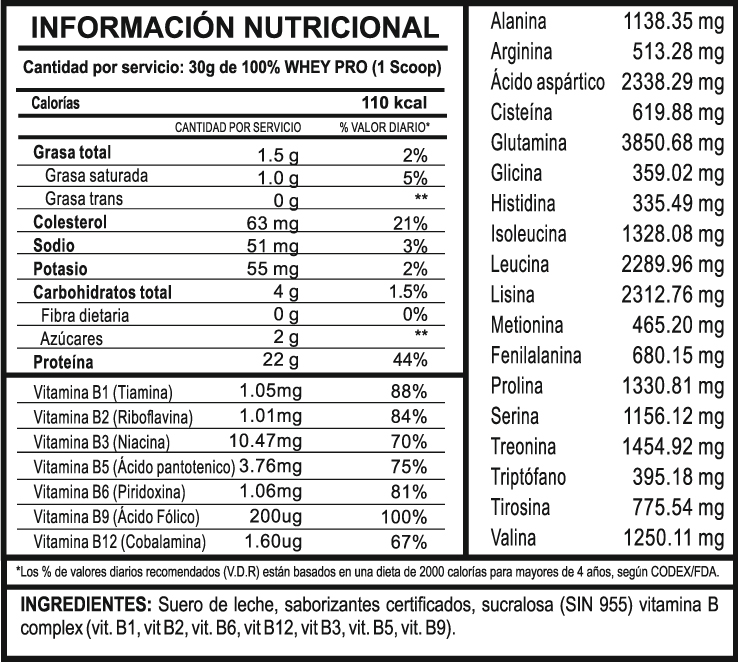 100% Whey Pro Información Nutricional