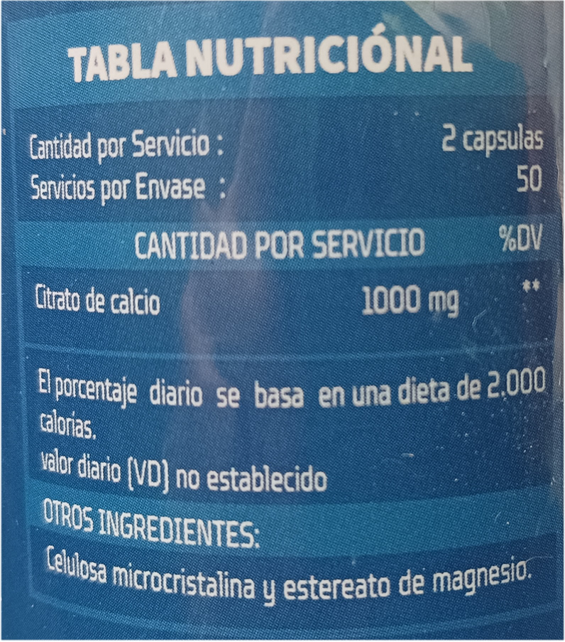 Citrato de Calcio Ad Labs Información Nutricional