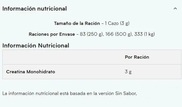 Creatina My Protein Información Nutricional