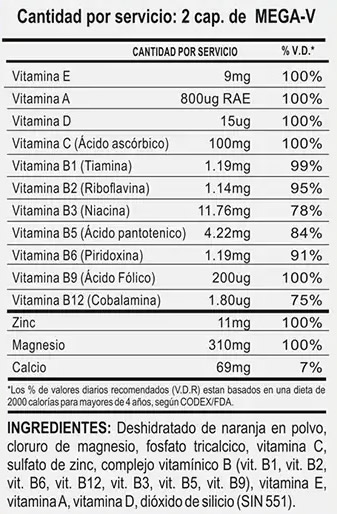 Mega V ADN Información Nutricional