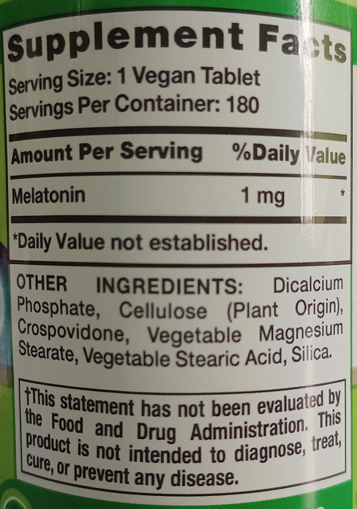 Melatonina Nature’s Truth Información Nutricional