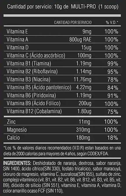 Multi Pro Level Información Nutricional