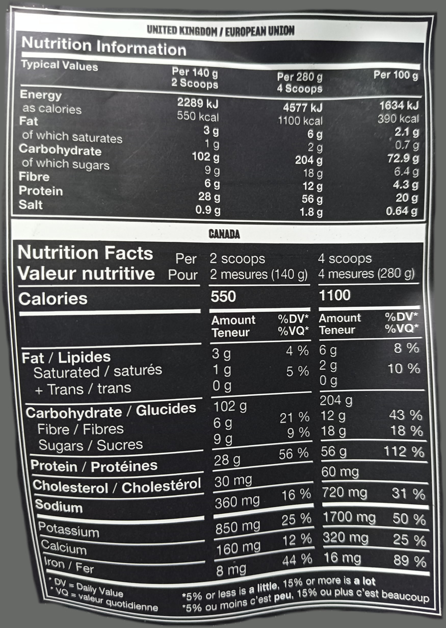 Mutant Mass Información Nutricional