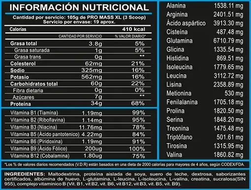 Pro Mass XL Información Nutricional